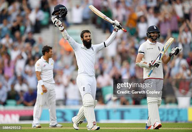 Moeen Ali of England celebrates reaching his century during day one of the 4th Investec Test between England and Pakistan at The Kia Oval on August...
