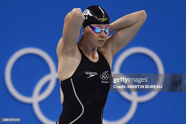 New Zealand's Lauren Boyle warms up before competing in a Women's 800m Freestyle heat during the swimming event at the Rio 2016 Olympic Games at the...