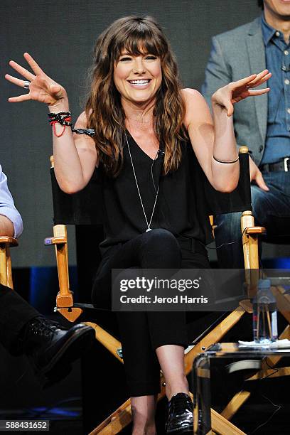 Devin Kelley speaks onstage at the 'Frequency' panel discussion during the CW portion of the 2016 Television Critics Association Summer Tour at The...