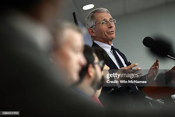 Dr. Anthony Fauci, Director of the NIH's National Institute of Allergy and Infectious Diseases, speaks during a press conference August 11, 2016 in...