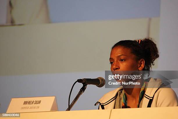 Rio 2016 Olympic Games women's -57kg judo gold medal winner Rafaela Silva is seen during a press conference about racism in Rio de Janeiro on August...