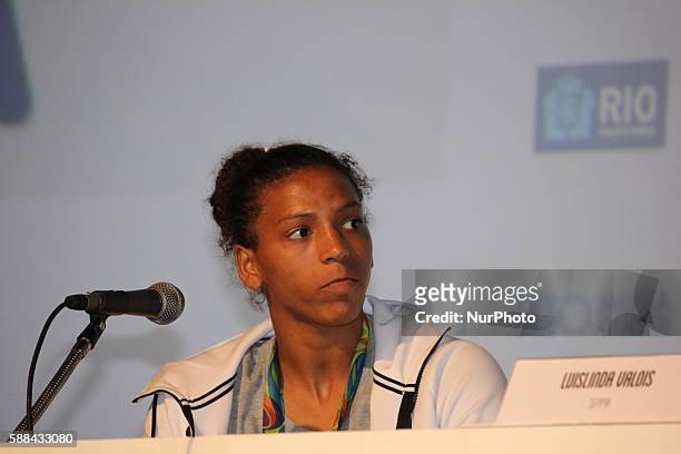 Rio 2016 Olympic Games women's -57kg judo gold medal winner Rafaela Silva is seen during a press conference about racism in Rio de Janeiro on August...