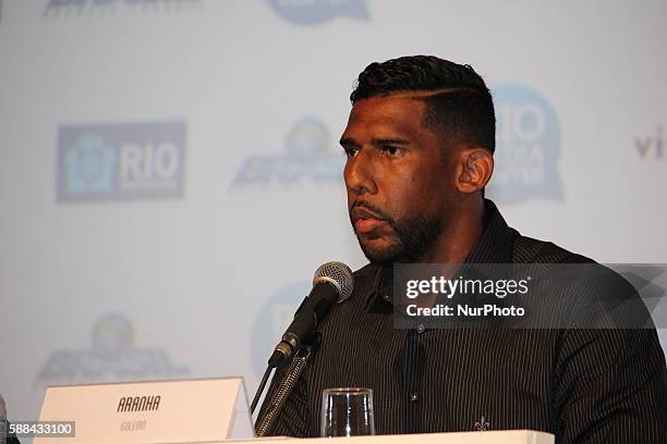 Aranha goalkeeper of the football team Ponte Preta during a press conference about racism in Rio de Janeiro on August 10, 2016.