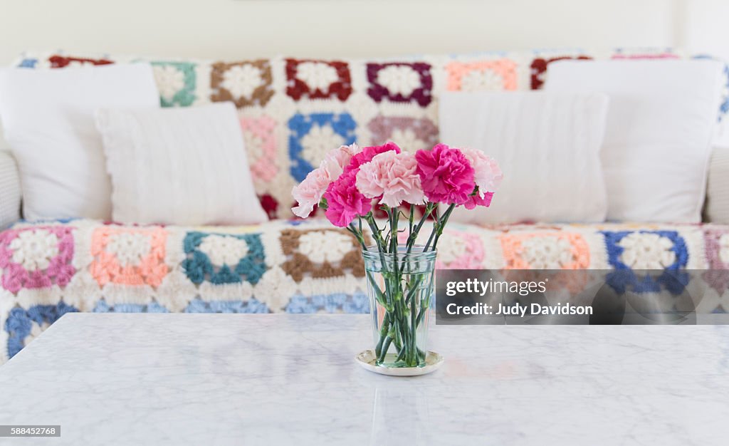 Glass full of pink carnations on coffee table