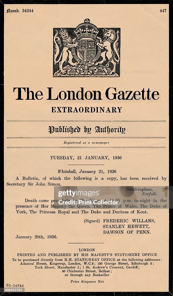 An extraordinary bulletin by The London Gazette anouncing the death of King George V (1865-1936)