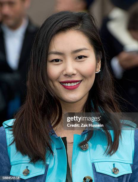 Liu Wen arriving at the Burberry Prorsum show at the London Collections: Men AW15 in London.