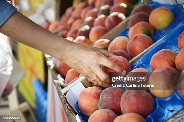 hand selecting ripe peaches at a farmer's market - aulla stock-fotos und bilder