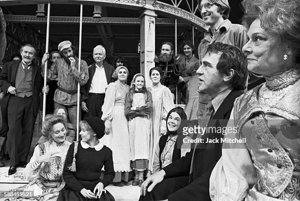 Joseph Papp, founder of The Public Theater with the cast of "The Cherry Orchard", including Meryl Streep, Raul Julia, and Irene Worth, photographed...