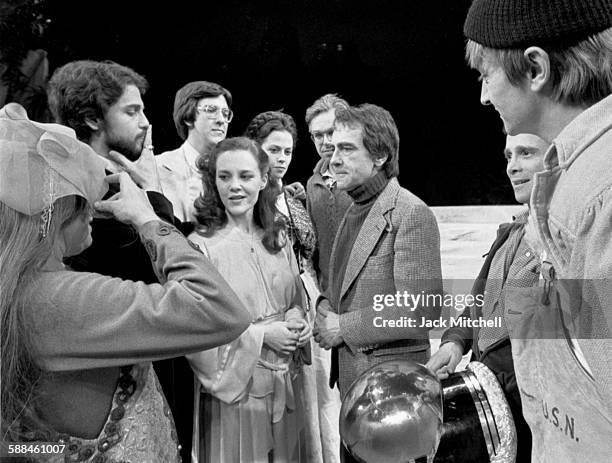 Joseph Papp, founder of The Public Theater with playwright John Guare and the cast of "Marco Polo Sings A Solo", including Madeline Kahn, Sigorney...