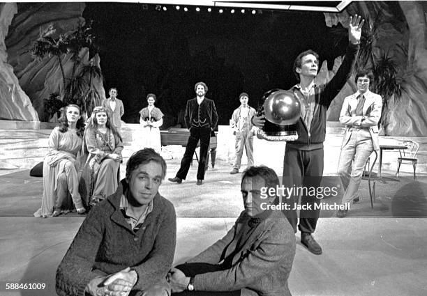 Joseph Papp, founder of The Public Theater with playwright John Guare and the cast of "Marco Polo Sings A Solo", including Madeline Kahn, Sigorney...
