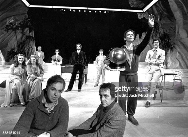 Joseph Papp, founder of The Public Theater with playwright John Guare and the cast of "Marco Polo Sings A Solo", including Madeline Kahn, Sigorney...