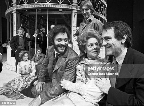 Joseph Papp, founder of The Public Theater with the cast of "The Cherry Orchard", including Meryl Streep, Raul Julia, and Irene Worth, photographed...