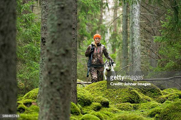 woman with hunting dog in forest - jaeger stock-fotos und bilder