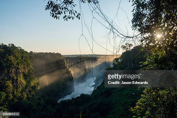 sun rays pierce a misty gorge above the zambezi river. - zambezi river stockfoto's en -beelden