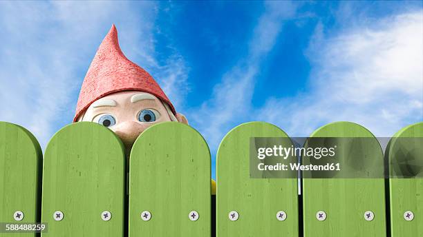 illustrazioni stock, clip art, cartoni animati e icone di tendenza di garden gnome peeking over a green fence, 3d rendering - gnomo da giardino