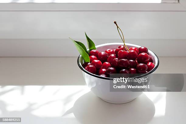 bowl of sour cherries on window sill - cerise sure photos et images de collection