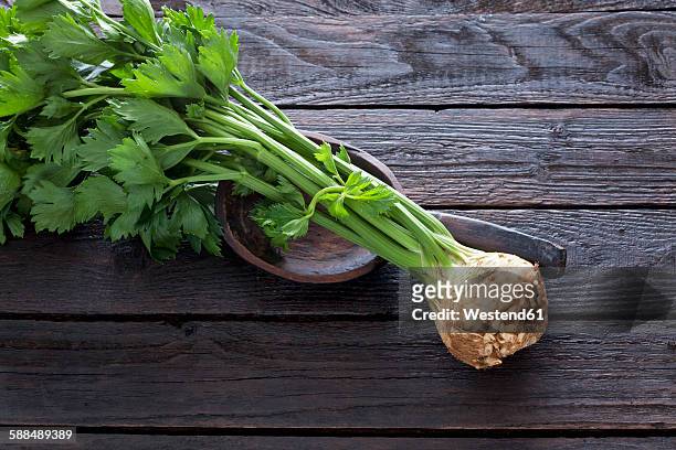 celeriac and wooden spoon on dark wood - bleekselderij stockfoto's en -beelden