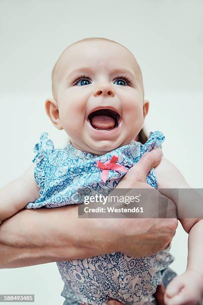 portrait of screaming baby girl holding by father's hands - baby cute stock-fotos und bilder