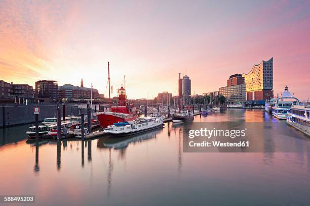 germany, hamburg, elbphilharmonie and harbor in morning light - hamburg hafen stock-fotos und bilder