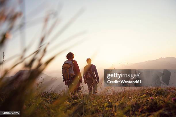 austria, tyrol, couple hiking at unterberghorn at sunset - état fédéré du tyrol photos et images de collection