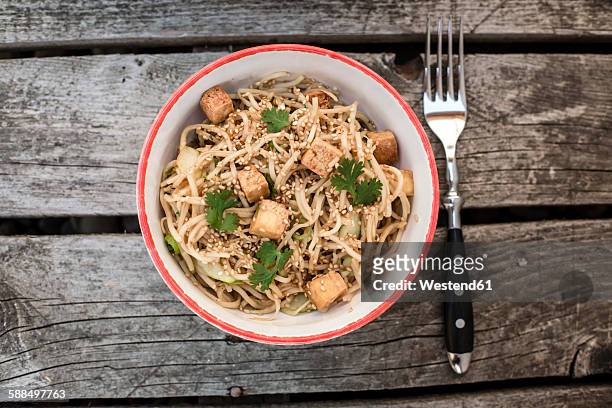 otsu salad with soba noodles, tofu, cucumber, sesame, spring onion and coriander in bowl - soba stock pictures, royalty-free photos & images