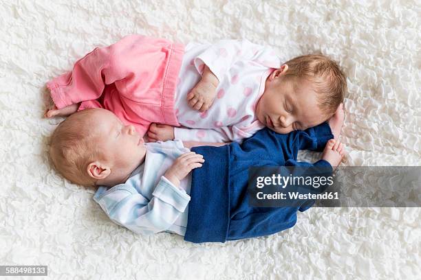 newborn twins sleeping on white blanket - baby girl fotografías e imágenes de stock