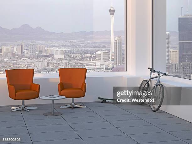 modern meeting room with two swivel chairs, skateboard and mountain bike, 3d rendering - window sill stock illustrations