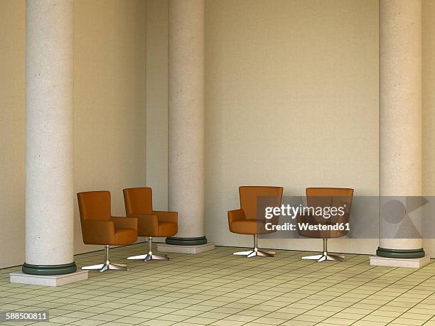 four armchairs standing in a lobby between columns, 3d rendering - hotel hallway stock illustrations
