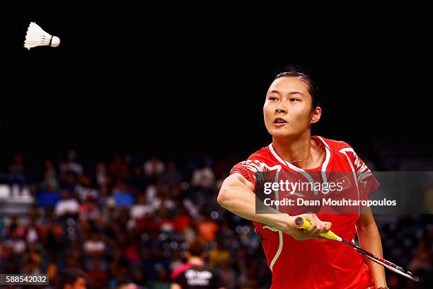 Wang Yihan of China competes against Chloe Magee of Ireland in the Womens Singles on Day 6 of the 2016 Rio Olympics at Riocentro - Pavilion 4 on...