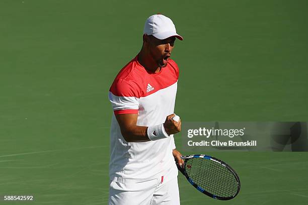 Fabio Fognini of Italy celebrates winning a point during the men's singles third round match against Andy Murray of Great Britain on Day 6 of the...