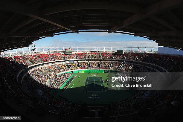 General view of centre court as Andy Murray of Great Britain competes in the men's singles third round match against Fabio Fognini of Italy on Day 6...