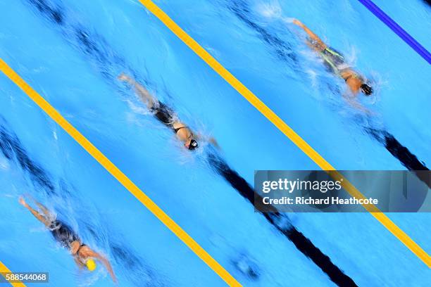 Lotte Friis of Denmark, Lauren Boyle of New Zealand and Jessica Ashwood of Australia compete the Women's 800m Freestyle heat on Day 6 of the Rio 2016...