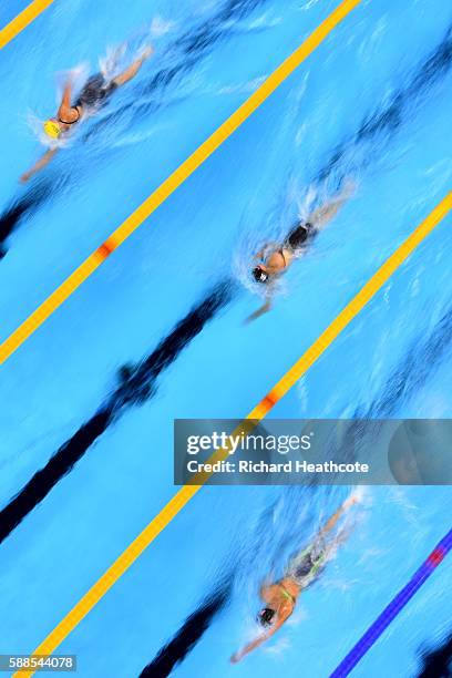 Lotte Friis of Denmark, Lauren Boyle of New Zealand and Jessica Ashwood of Australia compete the Women's 800m Freestyle heat on Day 6 of the Rio 2016...