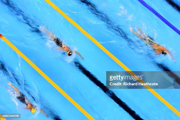 Lotte Friis of Denmark, Lauren Boyle of New Zealand and Jessica Ashwood of Australia compete the Women's 800m Freestyle heat on Day 6 of the Rio 2016...