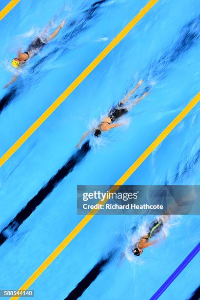 Lotte Friis of Denmark, Lauren Boyle of New Zealand and Jessica Ashwood of Australia compete the Women's 800m Freestyle heat on Day 6 of the Rio 2016...