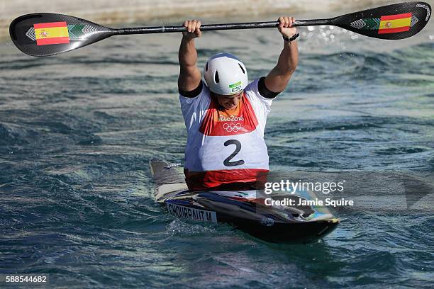 Maialen Chourraut of Spain reacts after crossing the finish line during the Women's Kayak Final on Day 6 of the Rio 2016 Olympics at Whitewater...