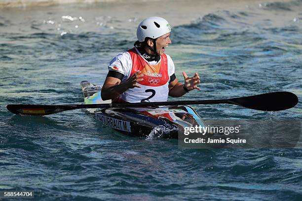 Maialen Chourraut of Spain reacts after crossing the finish line during the Women's Kayak Final on Day 6 of the Rio 2016 Olympics at Whitewater...