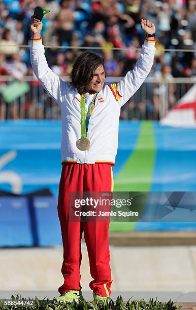 Gold medalist Maialen Chourraut of Spain stands on the podium during the medal ceremony for the Women's Kayak on Day 6 of the Rio 2016 Olympics at...