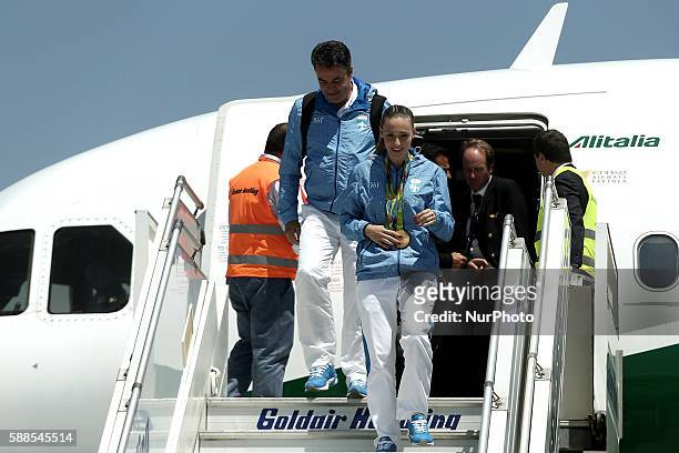 Greek gold medalist, at the Rio 2016 Olympics, Anna Korakaki, with her father and personal coach,Tasos Korakakis, leave the airplane upon their...
