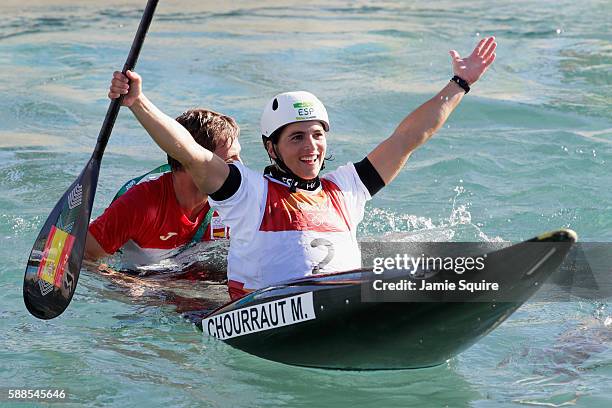 Maialen Chourraut of Spain celebrates winning gold medal after the Women's Kayak Final on Day 6 of the Rio 2016 Olympics at Whitewater Stadium on...