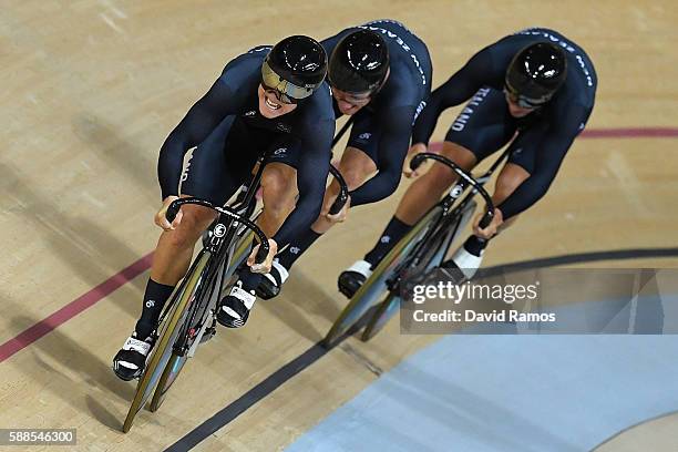 Ethan Mitchell, Sam Webster and Edward Dawkins of New Zealand compete in the Men's Team Sprint Track Cycling Qualifying on Day 6 of the 2016 Rio...