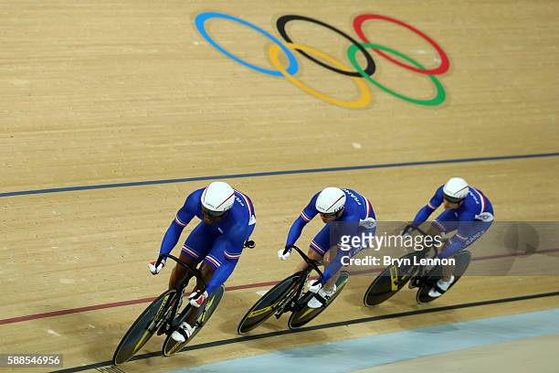 Gregory Bauge, Francois Pervis and Michael DAlmeida of France compete in the Men's Team Sprint Track Cycling Qualifying on Day 6 of the 2016 Rio...