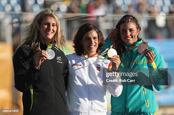 Silver medalist Luuka Jones of New Zealand, gold medalist Maialen Chourraut of Spain and bronze medalist Jessica Fox of Australia pose on the podium...