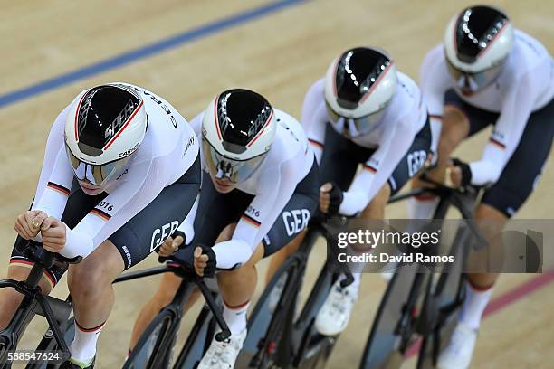 Gudrun Stock, Charlotte Becker, Mieke Kroger and Stephanie Pohl of Germany compete in the Women's Team Pursuit Track Cycling Qualifying on Day 6 of...