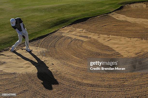 Rio , Brazil - 11 August 2016; Wen-Tang Lin of Chinese Taipei plays from a bunker on the 18th fairway during Round 1 of the Men's Strokeplay...