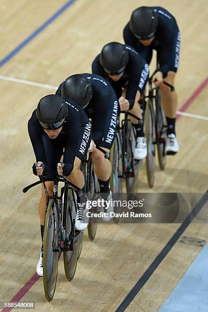 Lauren Ellis, Racquel Sheath, Rushlee Buchanan and Jaime Nielsen of New Zealand compete in the Women's Team Pursuit Track Cycling Qualifying on Day 6...