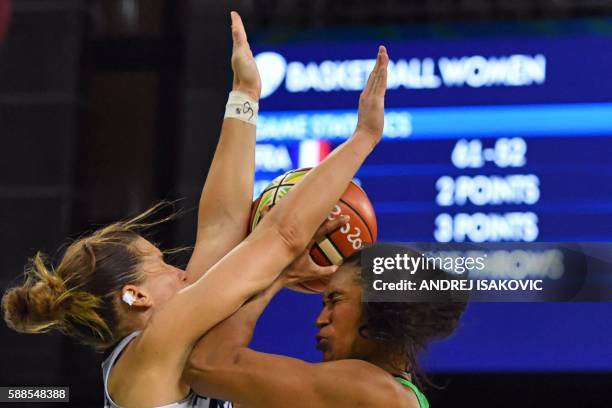 France's guard Gaelle Skrela collides with Brazil's shooting guard Iziane Castro during a Women's round Group A basketball match between France and...