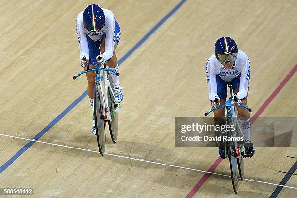 Francesca Pattaro and Silvia Valsecchi of Italy compete in the Women's Team Pursuit Track Cycling Qualifying on Day 6 of the 2016 Rio Olympics at Rio...