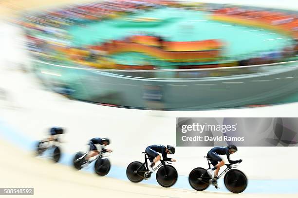GLauren Ellis, Racquel Sheath, Rushlee Buchanan and Jaime Nielsen of New Zealand compete in the Women's Team Pursuit Track Cycling Qualifying on Day...
