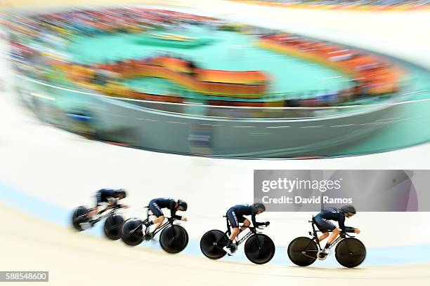 GLauren Ellis, Racquel Sheath, Rushlee Buchanan and Jaime Nielsen of New Zealand compete in the Women's Team Pursuit Track Cycling Qualifying on Day...